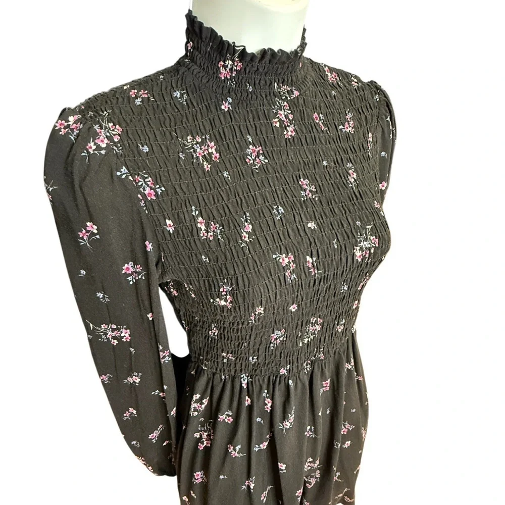 Wild Fable Mock Neck balloon sleeve Mini Dress Black Floral size small